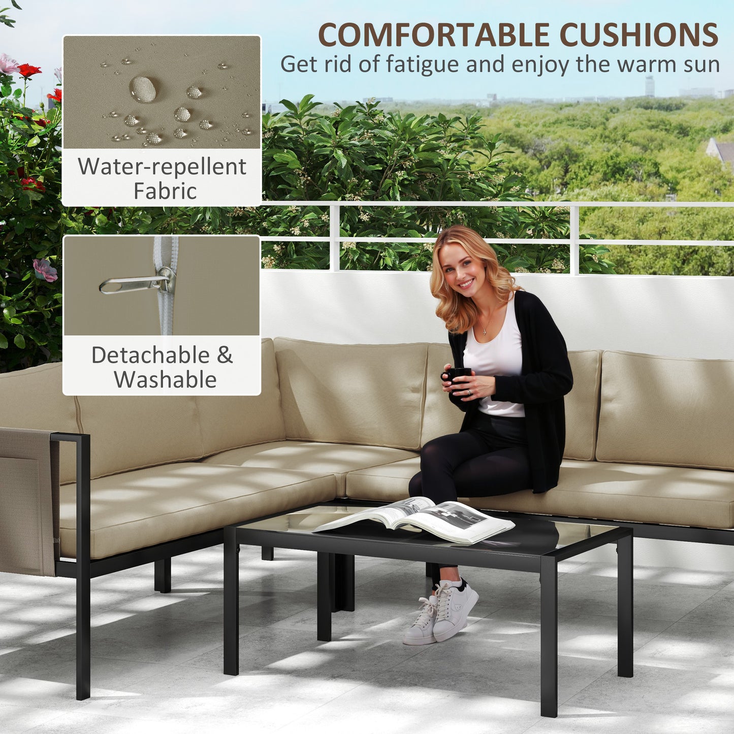 Cichetti Beige 5 Seater Corner Garden Sofa Set With Glass Top Coffee Table And Cushions