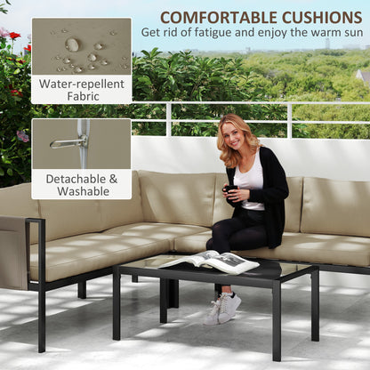 Cichetti Beige 5 Seater Corner Garden Sofa Set With Glass Top Coffee Table And Cushions