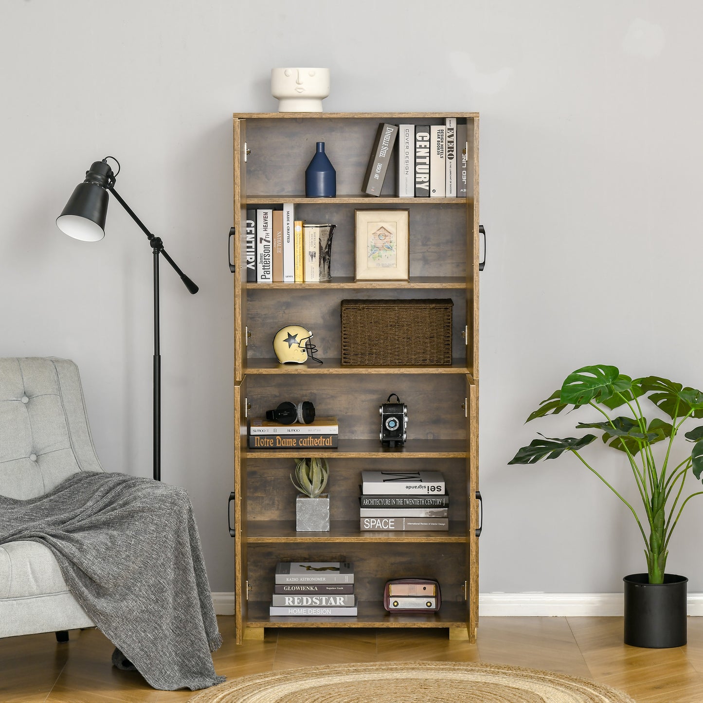 Mara Rustic Wood Effect Tall Farmhouse Storage Cabinet With 4 Doors And Internal Shelves