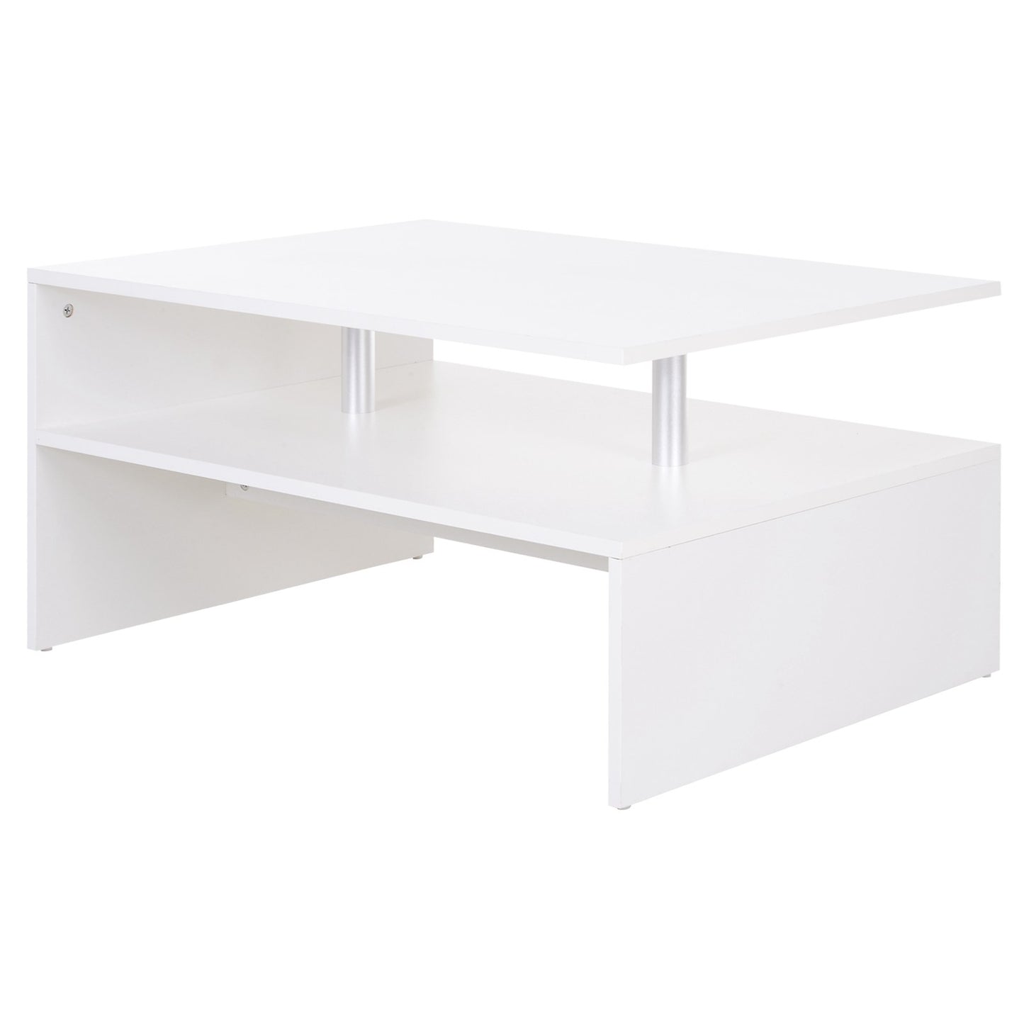 Vifama Wooden White 2 Tier Coffee Table With Open Shelving And Aluminium Supports