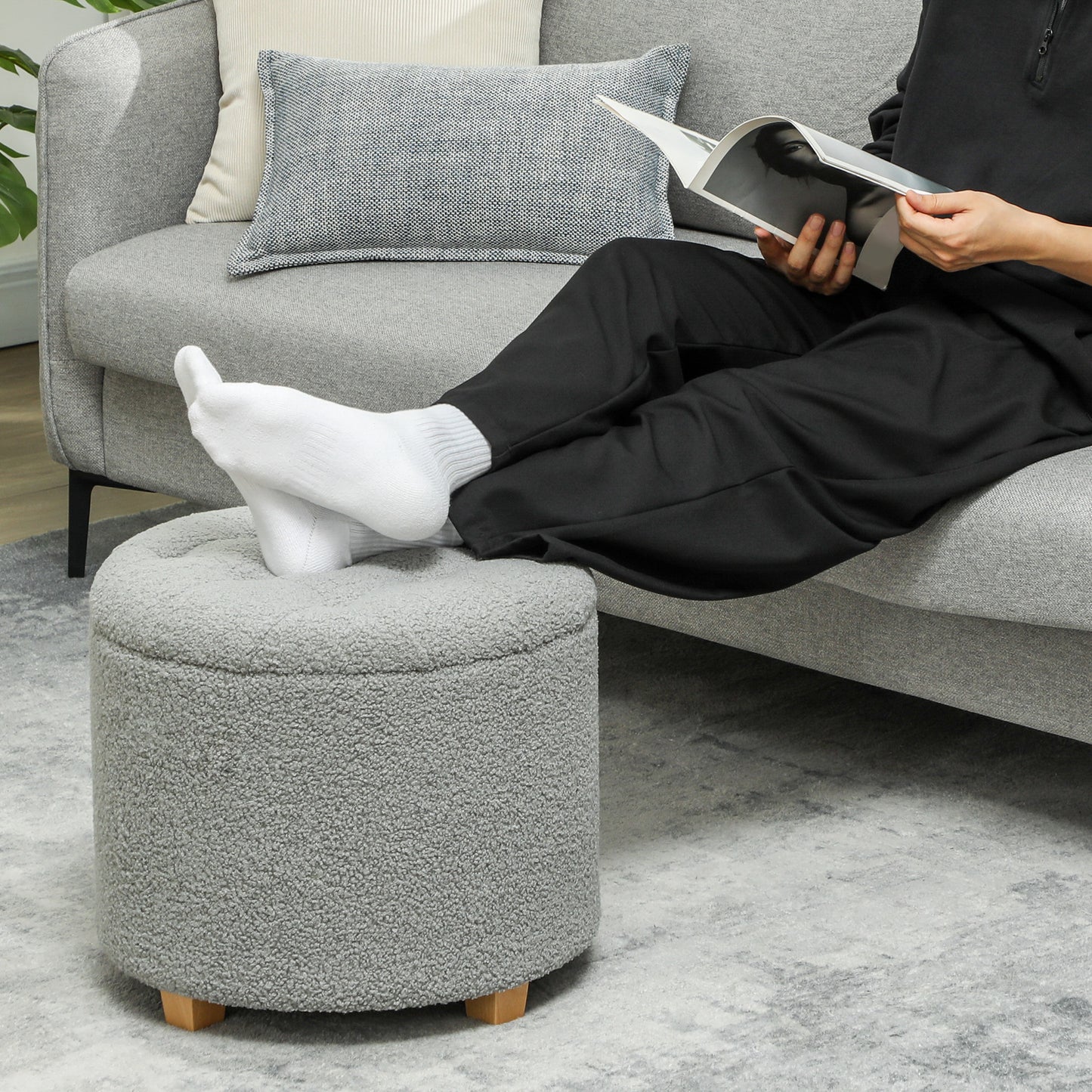 Valefi Teddy Fleece Light Grey Storage Ottoman Diamond Tufted Lid