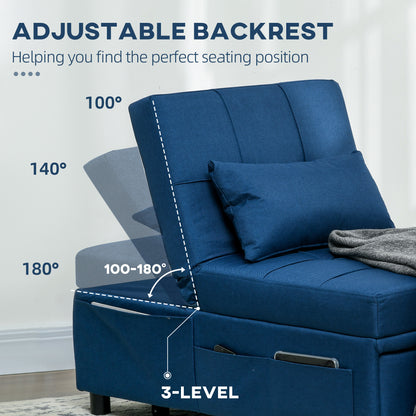 Leve Fabric Blue 4 In One Convertible Chair Bed With Adjustable Back Side Pocket Wheels And Pillow