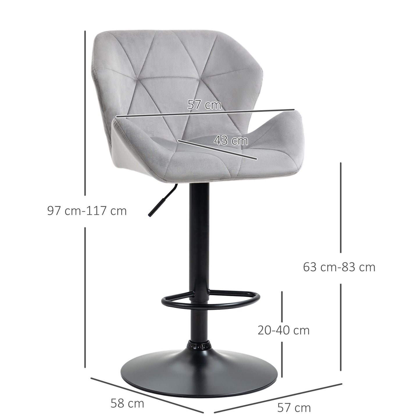 Savi Velvet Grey Adjustable Swivel Bar Stools Set Of 2 With Sculpted Seat And Footrest