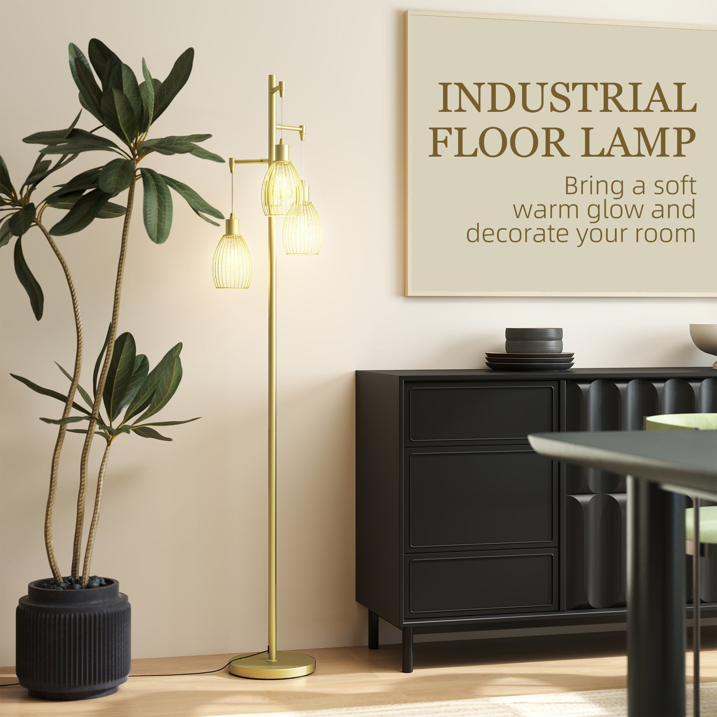Rodi Metal Gold Tone Industrial 3 Light Floor Lamp With Wire Cage Shades