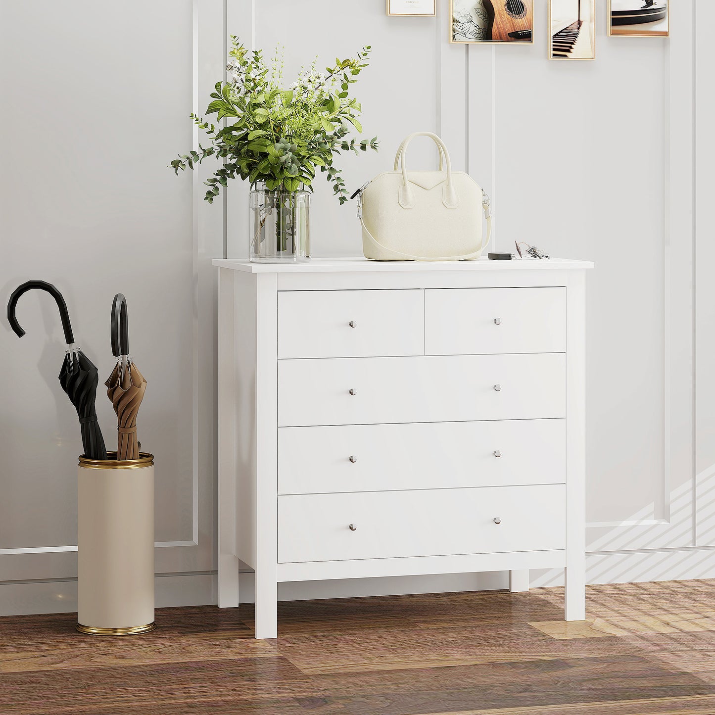 Kesumo Wooden White Wide 5 Drawer Chest For Bedroom Storage