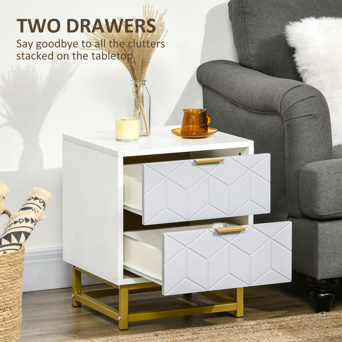 Ranere Metal Grey And White Set Of 2 Bedside Tables 2 Drawers with Gold Accents