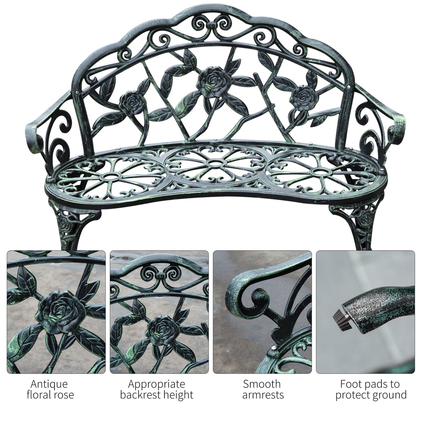 Rakeba Cast Aluminium Antique Green 2 Seater Garden Bench With Floral Backrest