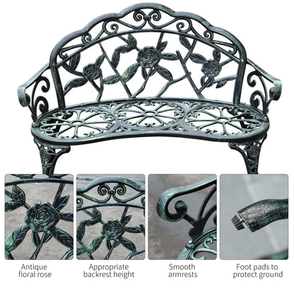 Rakeba Cast Aluminium Antique Green 2 Seater Garden Bench With Floral Backrest