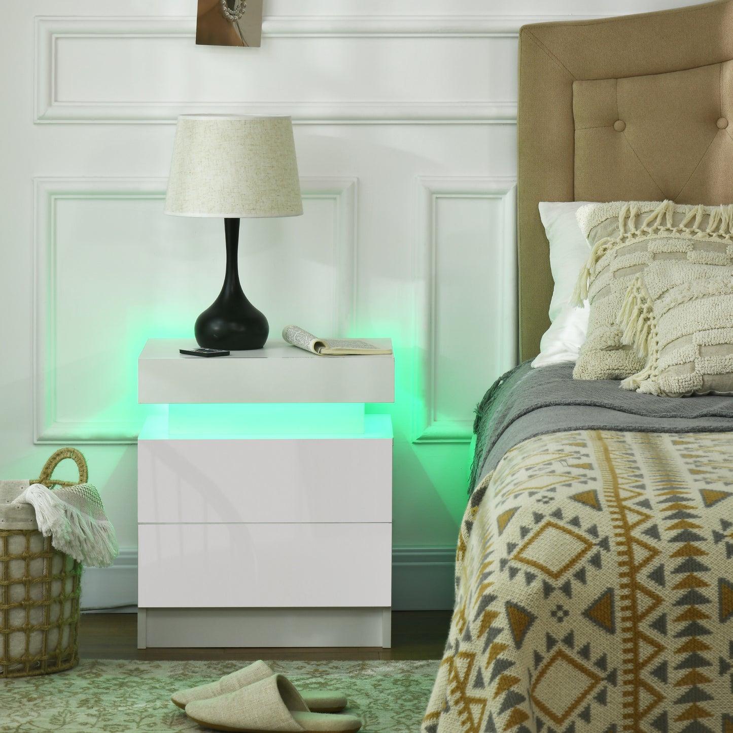Rema High Gloss White Bedside Table With LED Lighting And 2 Drawer Storage