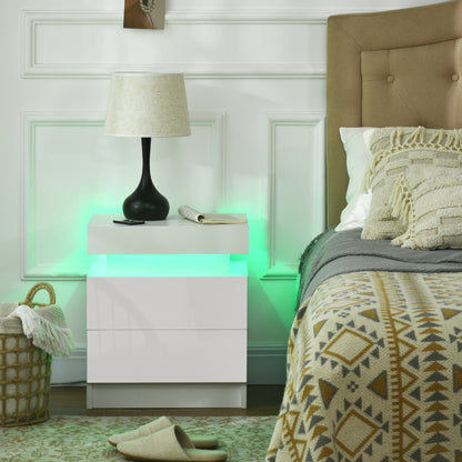 Rema High Gloss White Bedside Table With LED Lighting And 2 Drawer Storage