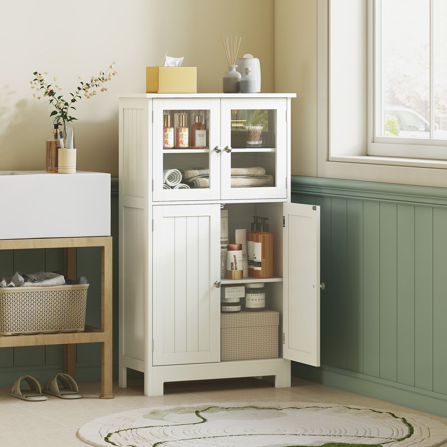 Mola Freestanding Storage Cabinet With Drawers Shelves And Glass Door For Bathroom Or Hallway