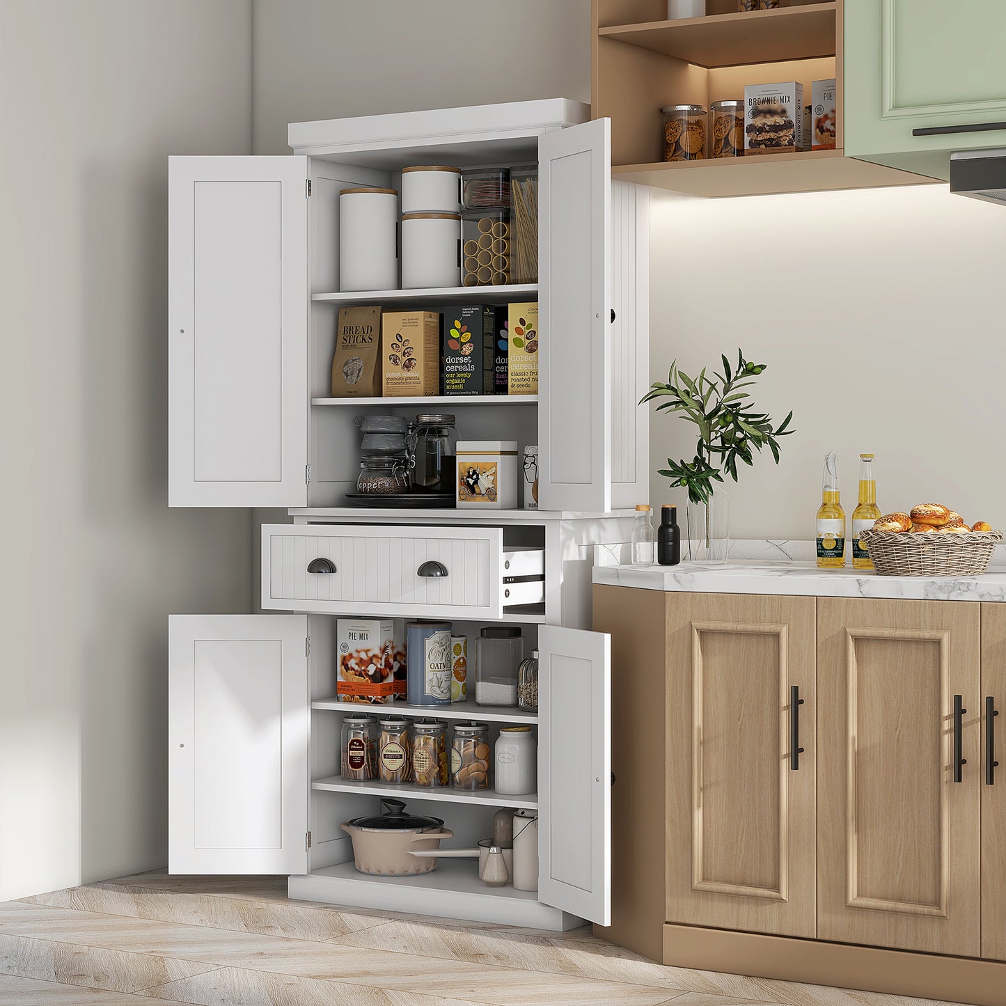 Nedi Valo Wooden White Freestanding Multi Storage Kitchen Cabinet