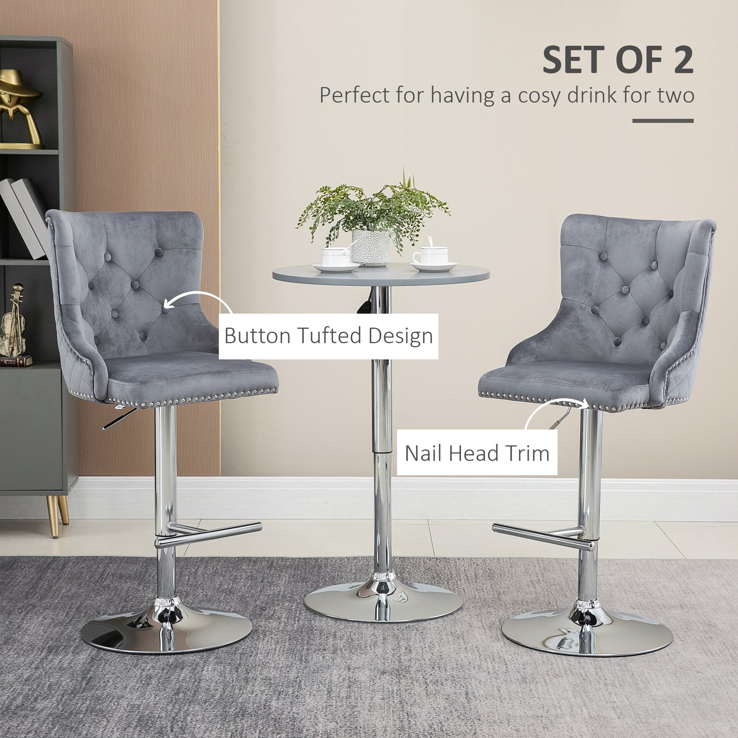 Recoco Velvet Grey Adjustable Swivel Bar Stools Set Of 2 With Tufted Back And Nailhead Detail