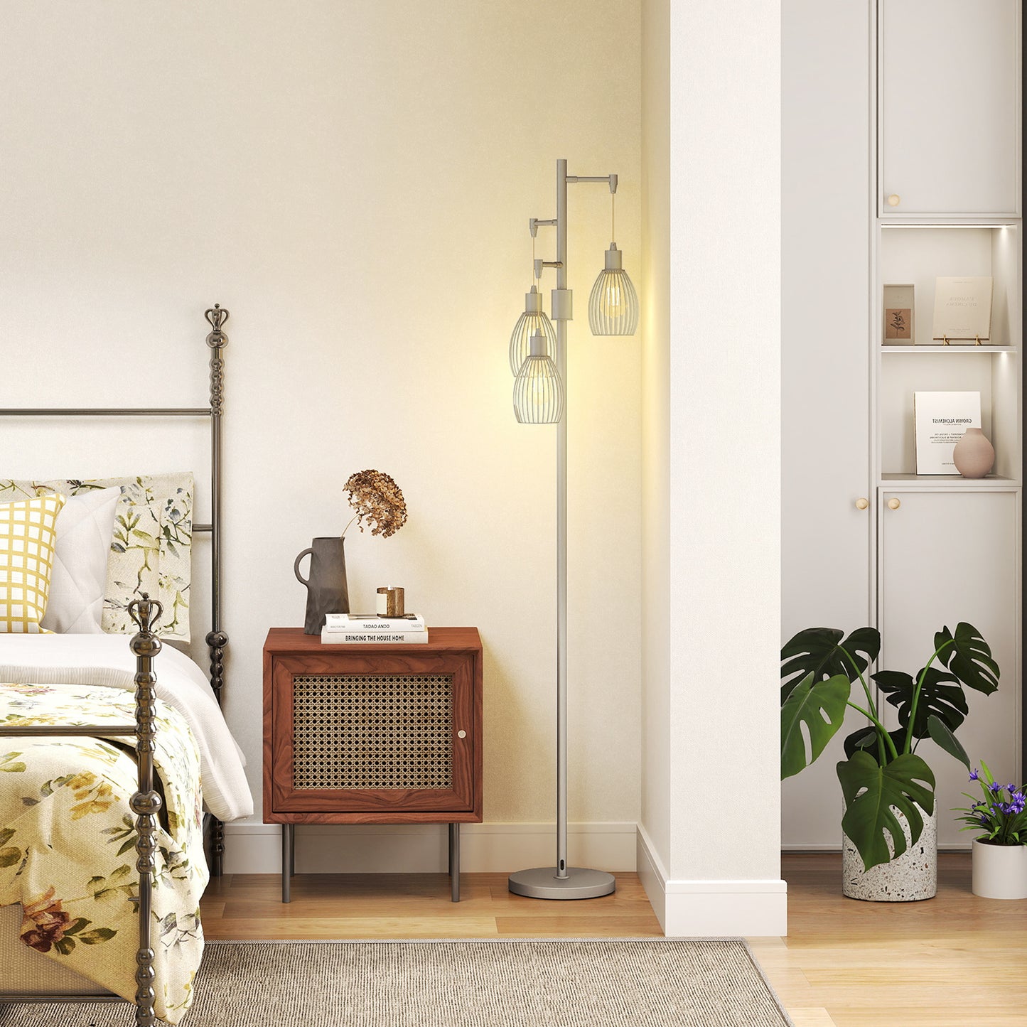 Moba Metal Silver Tone Industrial 3 Light Floor Lamp With Wire Cage Shades 170 cm