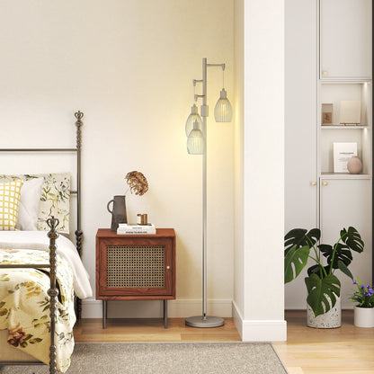 Moba Metal Silver Tone Industrial 3 Light Floor Lamp With Wire Cage Shades 170 cm