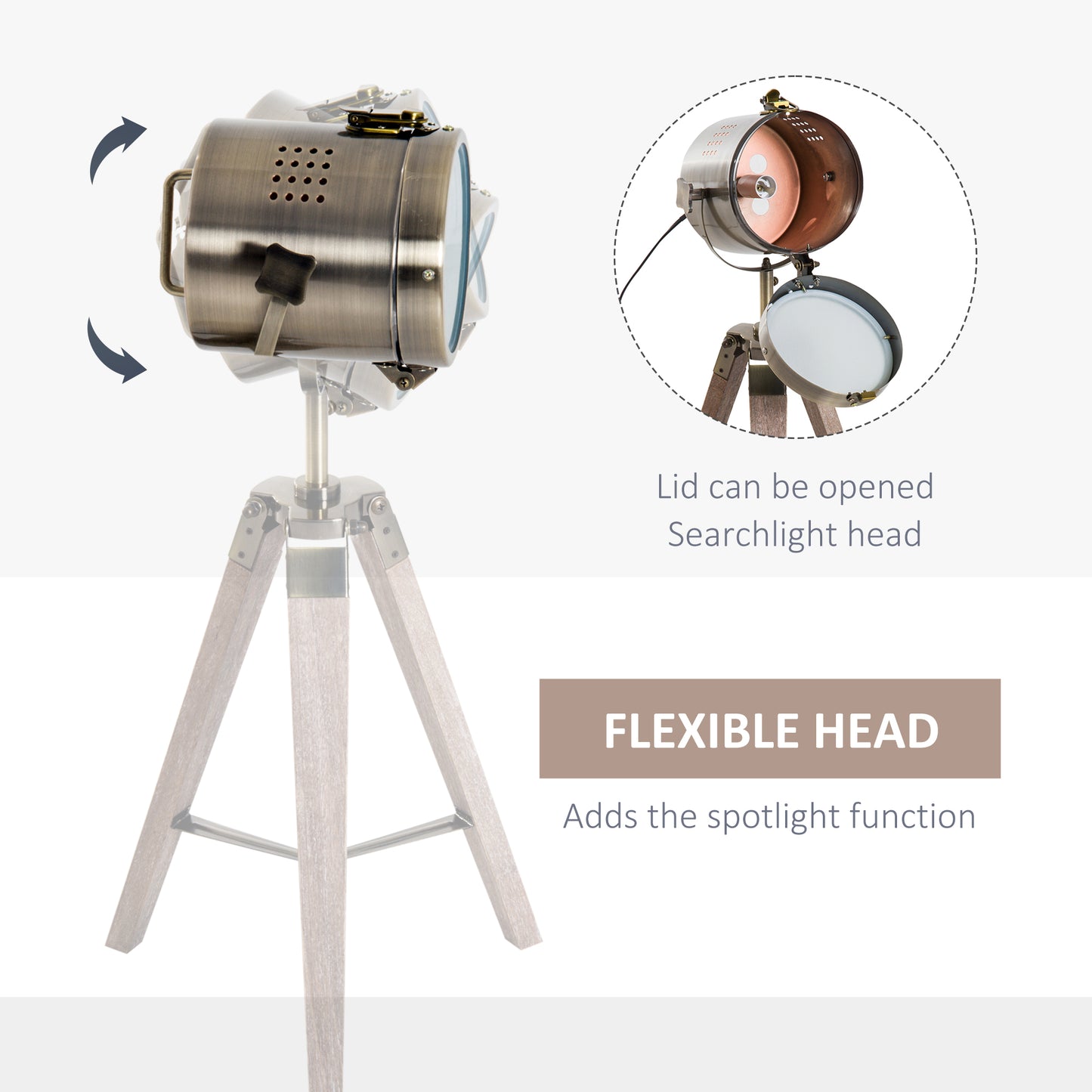 Vidira Wood And Metal Brass Vintage Tripod Table Lamp With Spotlight Head