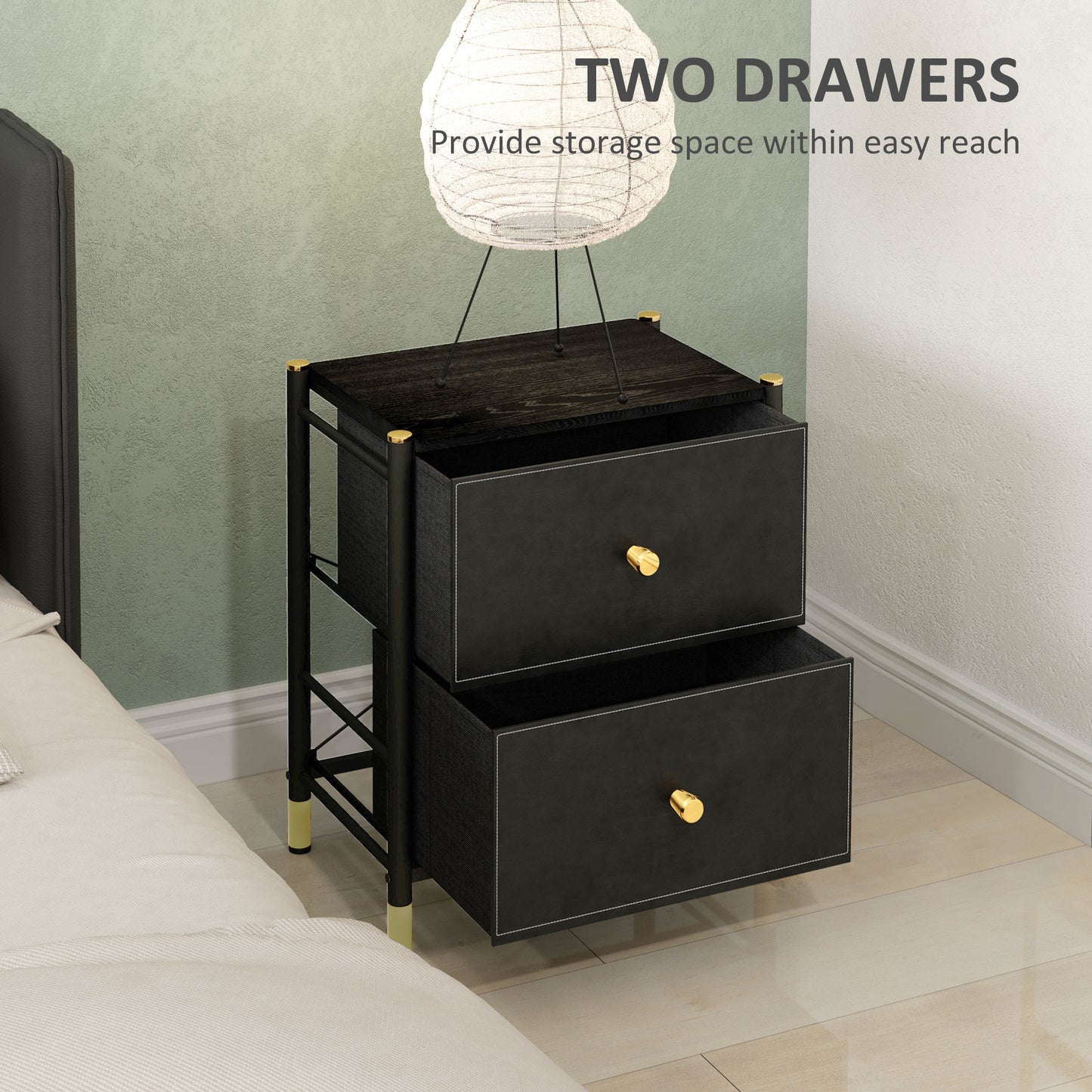 Rakaba Black Faux Leather Upholstered Bedside Table With Gold Accents