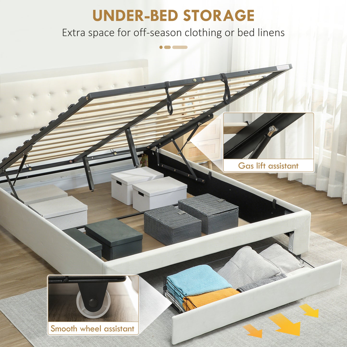 Zina 5FT King Size Ottoman Bed Frame with Front Divan Drawer Storage Cream