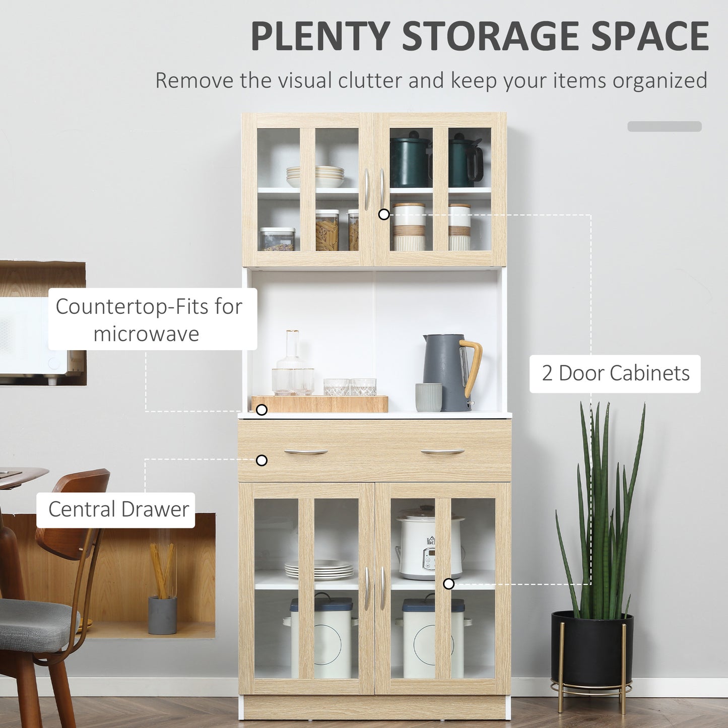 Vefaso Wooden White Tall Kitchen Hutch With Central Drawer Glass Door Cabinets And Countertop 180 cm