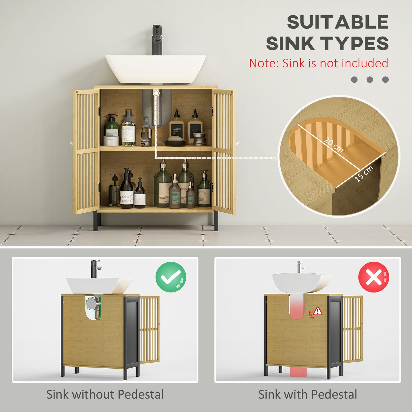 Rotove Bamboo Style Under Sink Bathroom Storage Cabinet With Cut Out Front