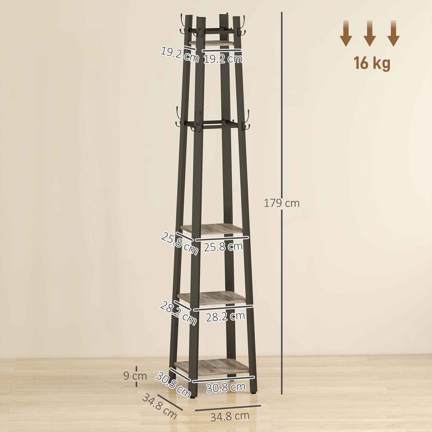 Savapa Metal And Wood Grey And Black 4 Tier Industrial Coat Stand With Shelves