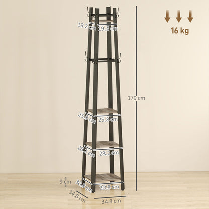 Savapa Metal And Wood Grey And Black 4 Tier Industrial Coat Stand With Shelves