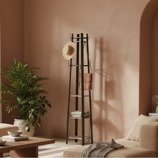 Savapa Metal And Wood Grey And Black 4 Tier Industrial Coat Stand With Shelves