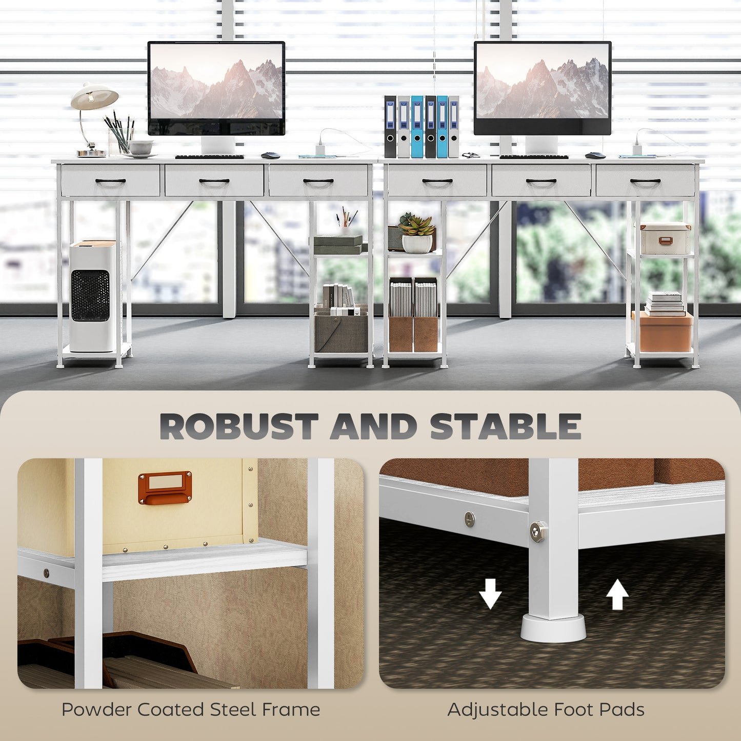 Riba 120cm Wooden White Home Office Desk With Power Sockets 3 Fabric Drawers And Storage Shelves 120 cm