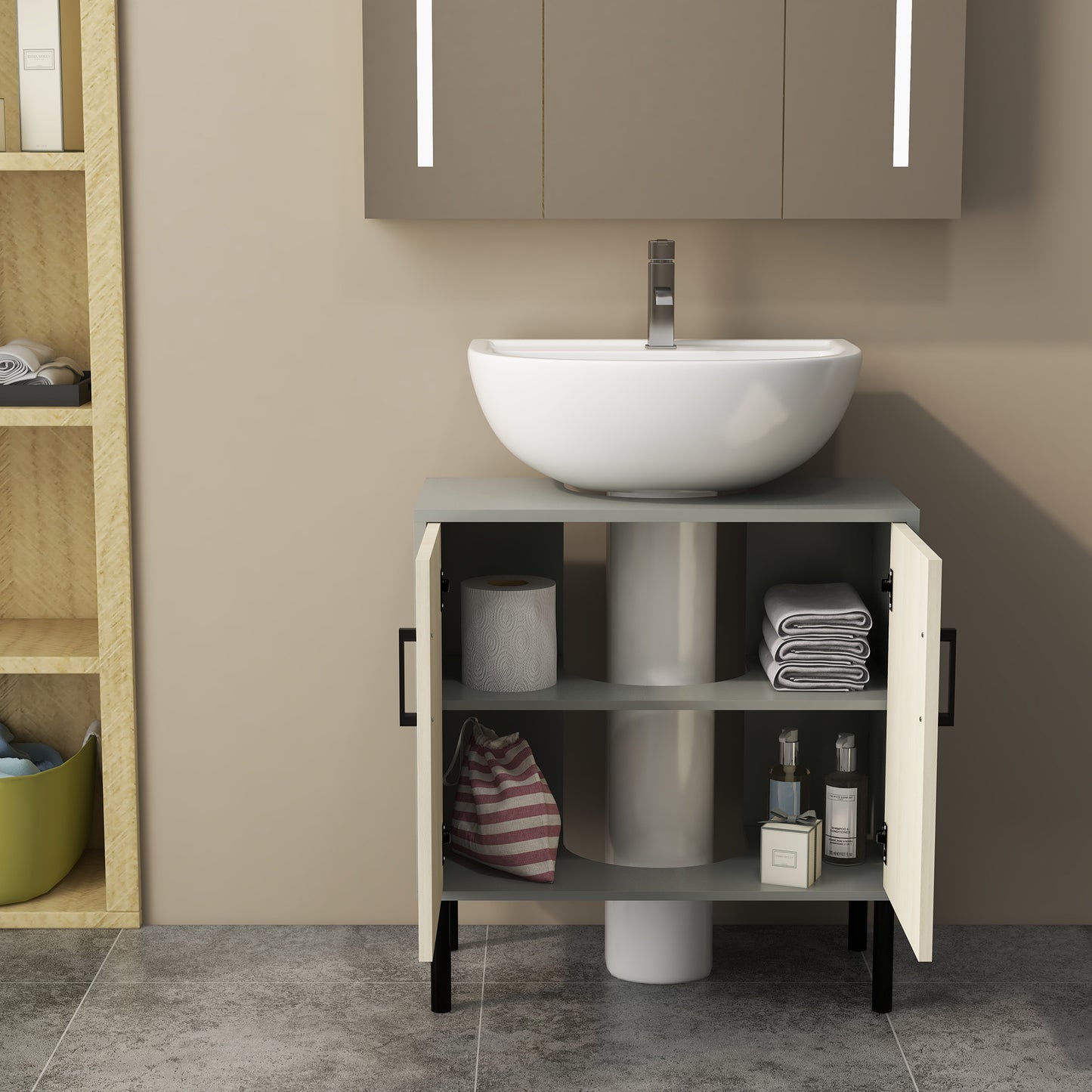 Nabavi Natural Finish Under Sink Vanity Cabinet With Double Doors And Internal Shelving
