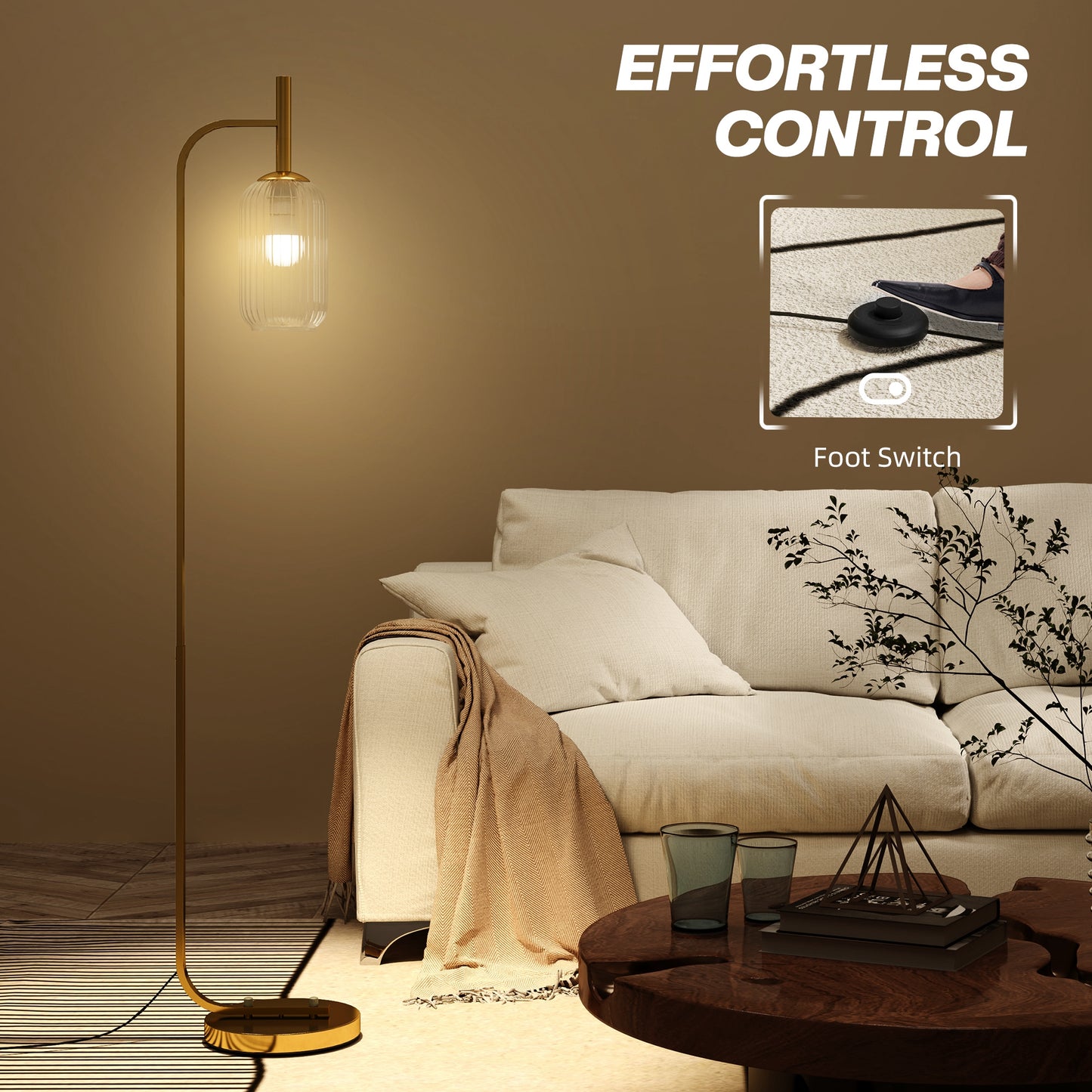Lamittu Metal Gold Tone Floor Lamp With Glass Shade And Foot Switch