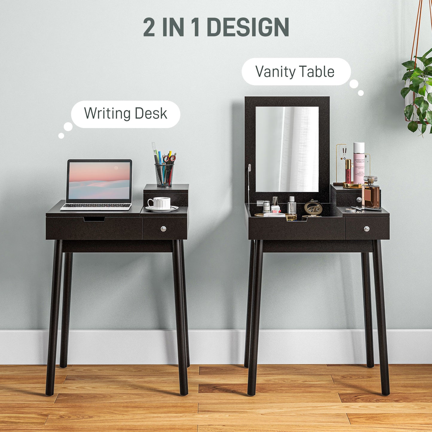 Sinotti Black Dressing Table With Flip Up Mirror 2 Drawers And Wood Legs