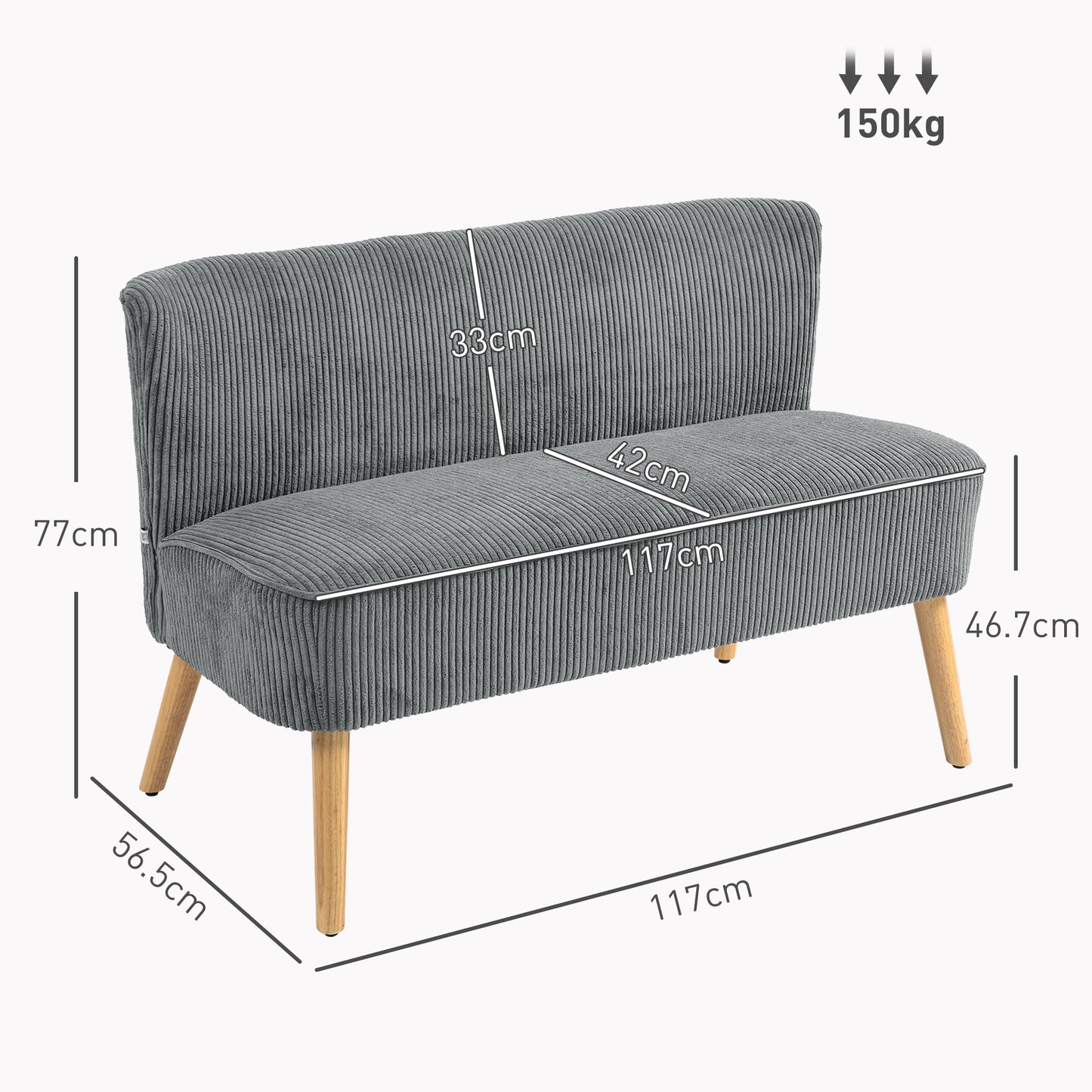 Dinovi Grey Corduroy 2 Seater Sofa Natural Wooden Legs