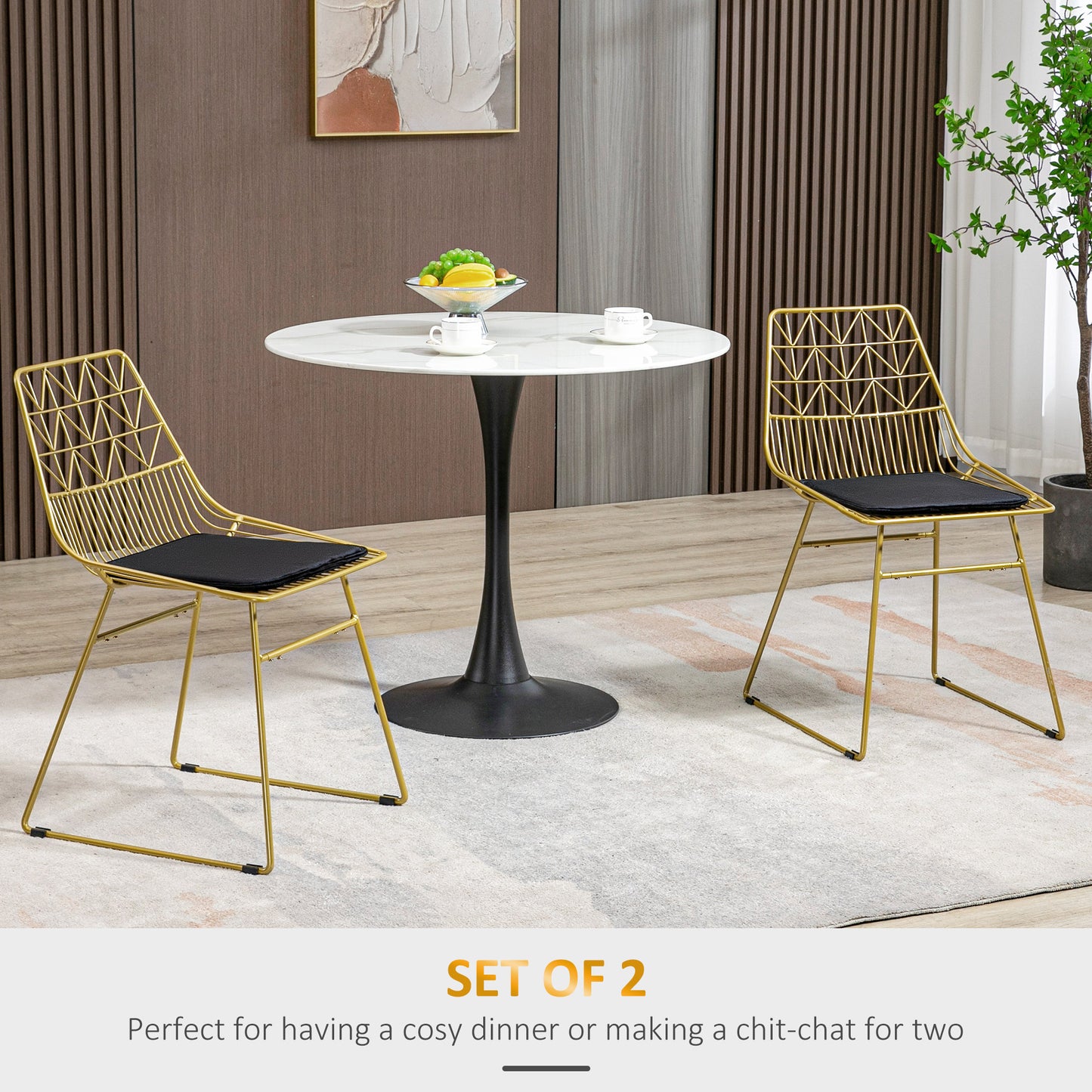 Kalu Metal Gold Wire Dining Chairs Set Of 2 With Removable Velvet Cushion