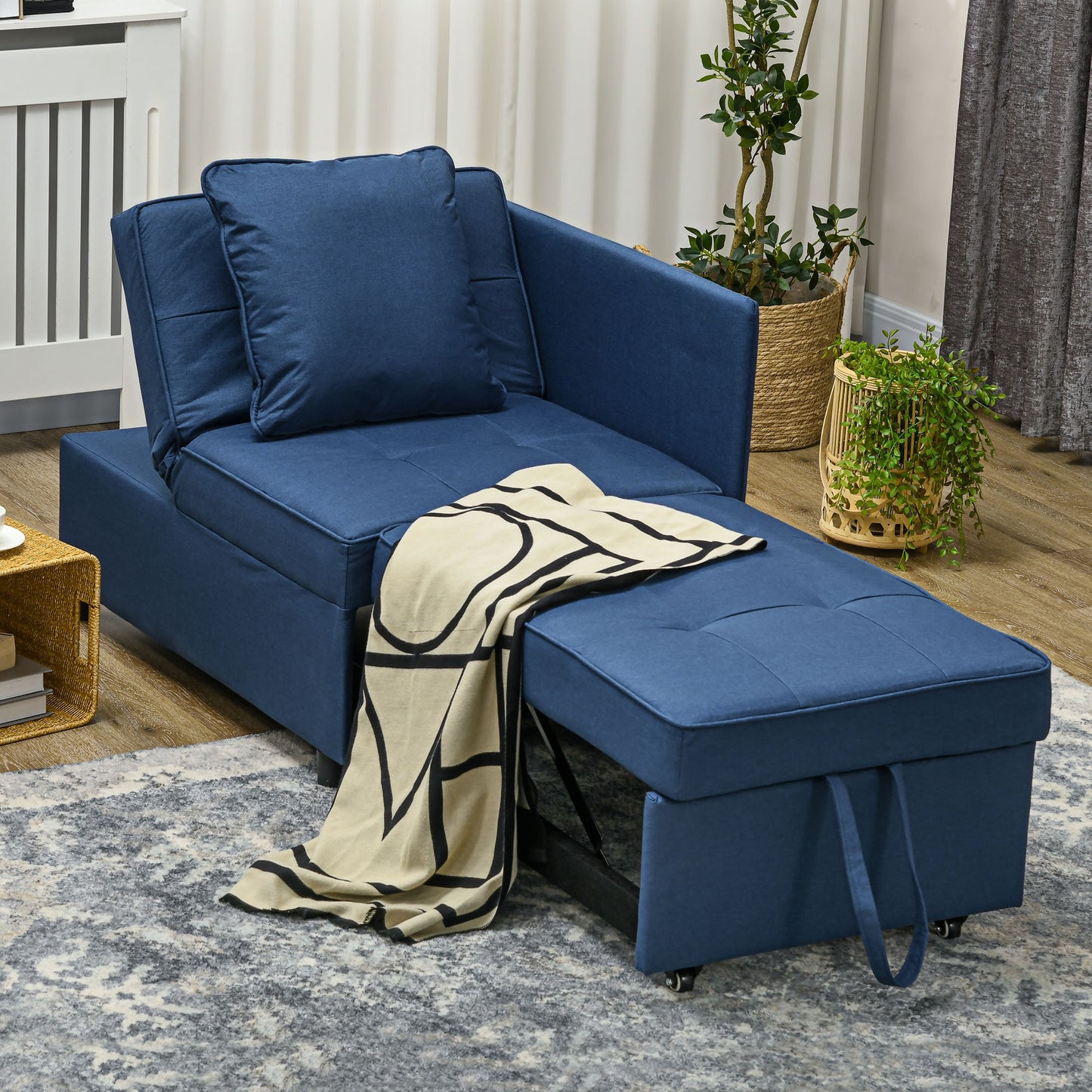 Sumima Fabric Blue 3 In One Convertible Single Sofa Bed With 5 Position Adjustable Back