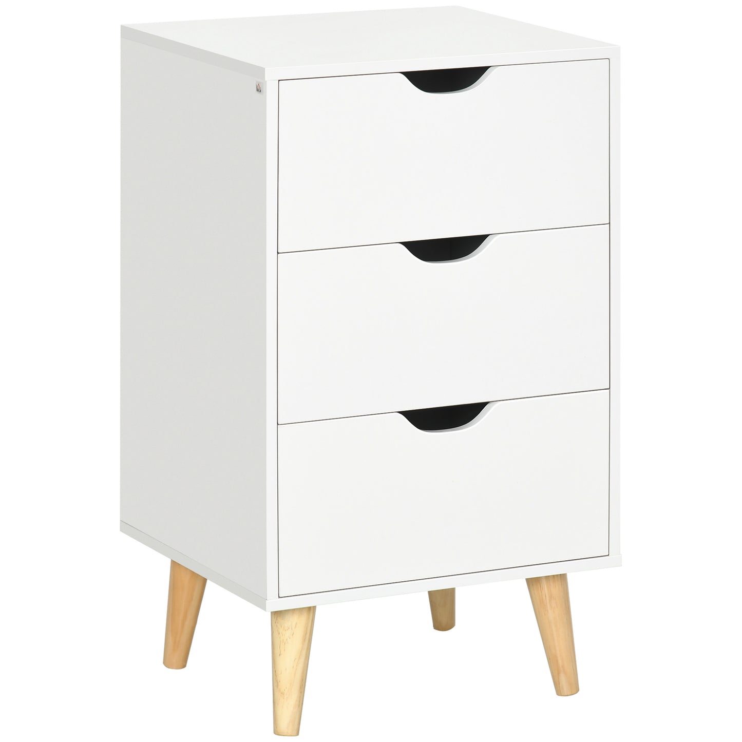 Rato White Bedside Table With 3 Drawers And Narural Wood Legs
