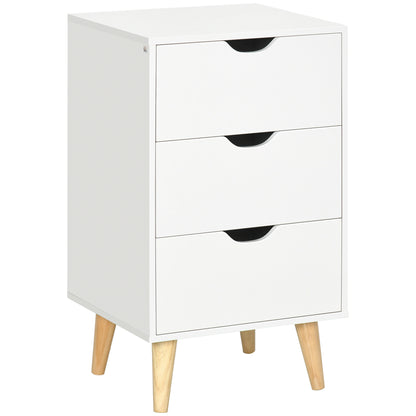 Rato White Bedside Table With 3 Drawers And Narural Wood Legs
