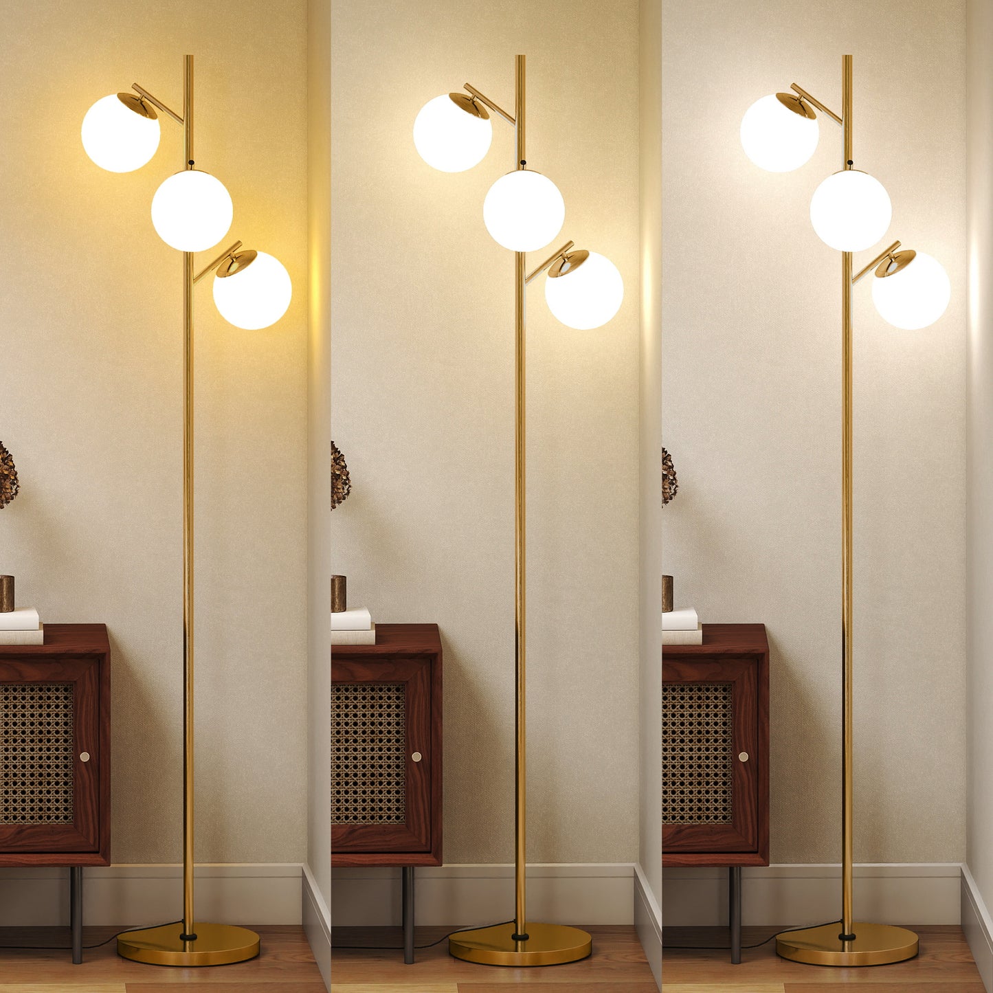 Lidi Metal Gold Tone 3 Light Tree Floor Lamp With Globe Shades Adjustable Colour Light