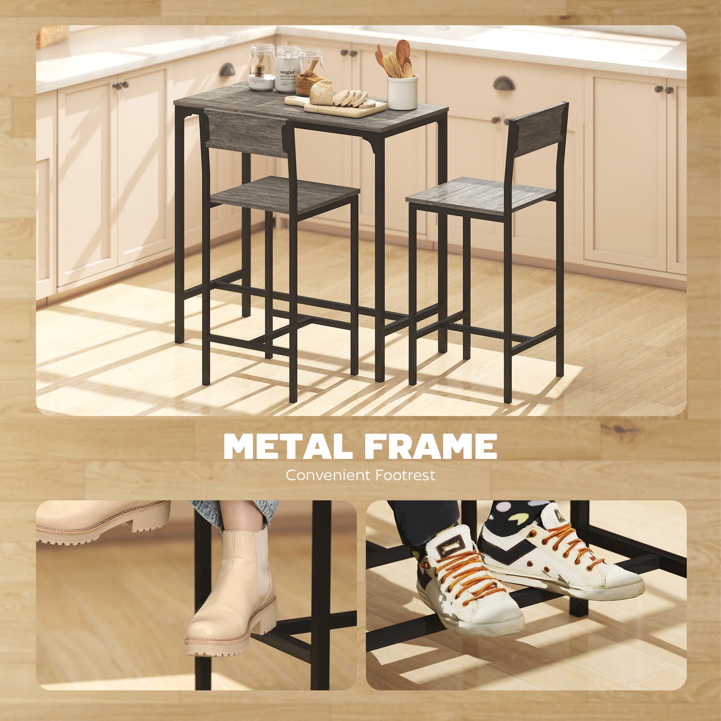 Novero 3 Piece Industrial Breakfast Bar Set With 2 Stools And Footrest Support
