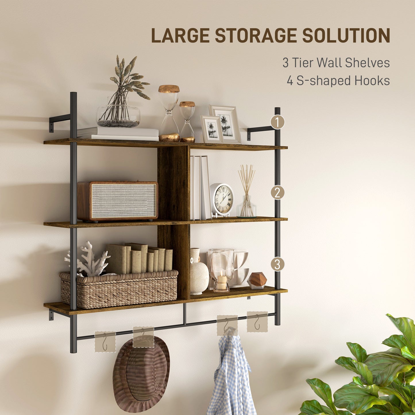 Todoco Wood And Metal Brown And Black 3 Tier Floating Wall Shelves