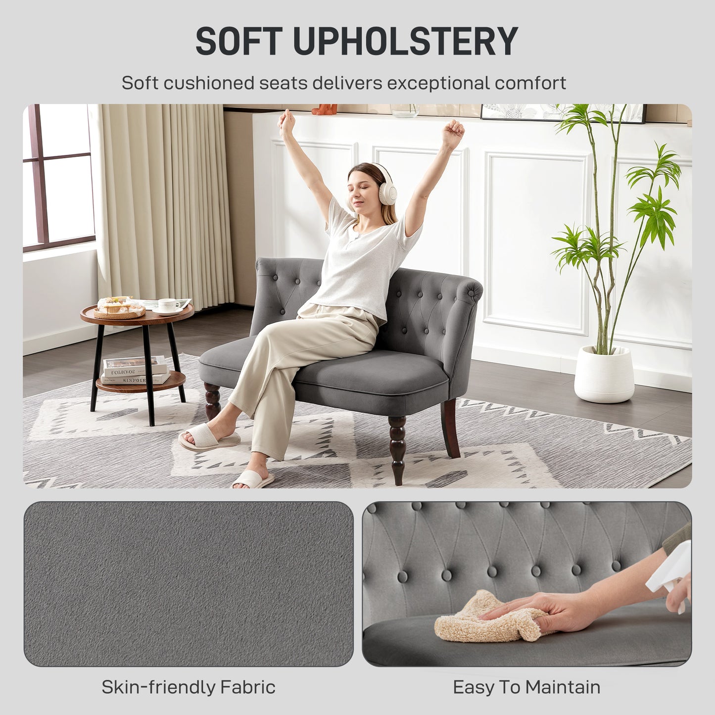 Nolali Velvet Grey Diamond Button Tufted Wingback 2 Seater Sofa