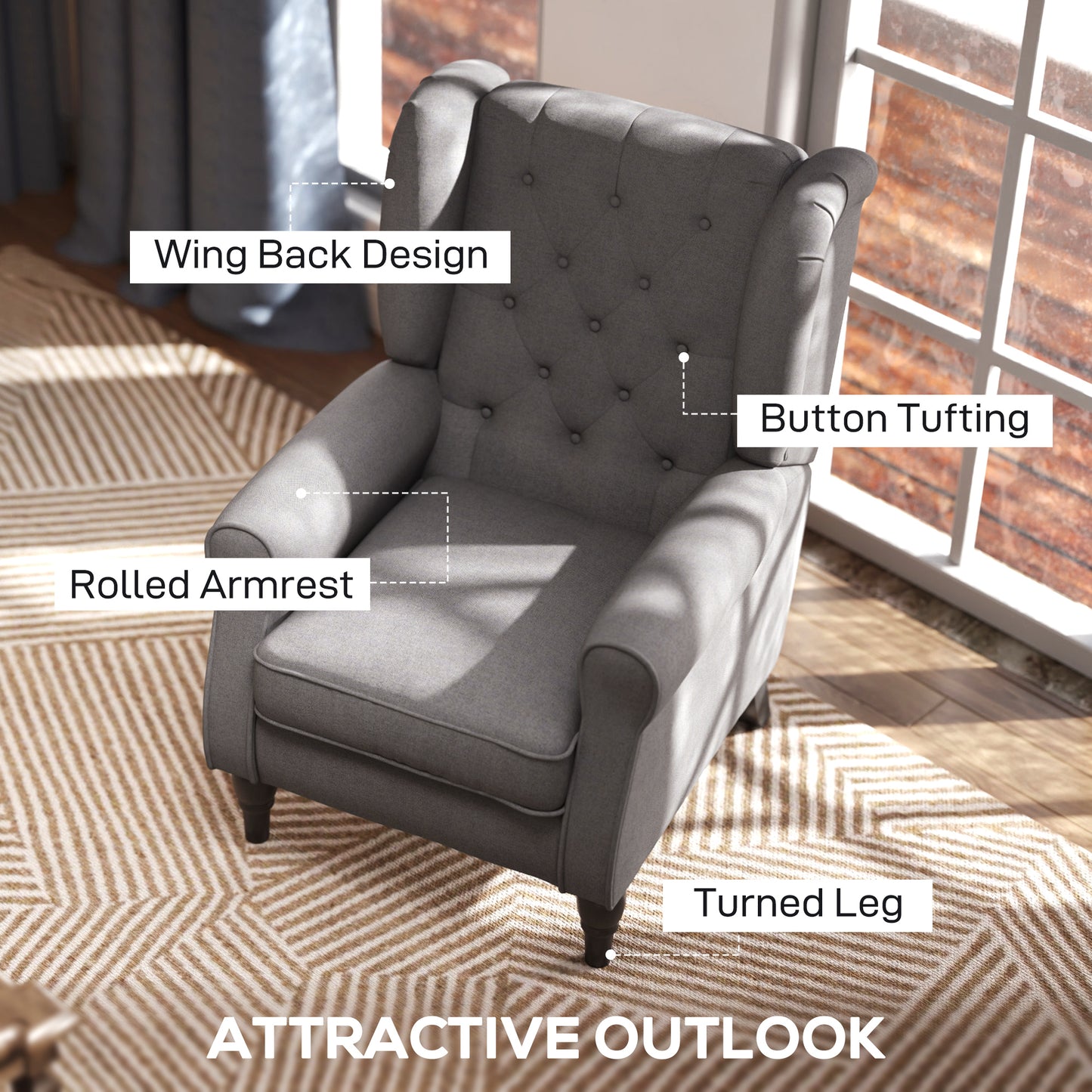 Keri Molo Snow Flannel Dark Grey Wingback Accent Chair With Button Tufting And Black Legs