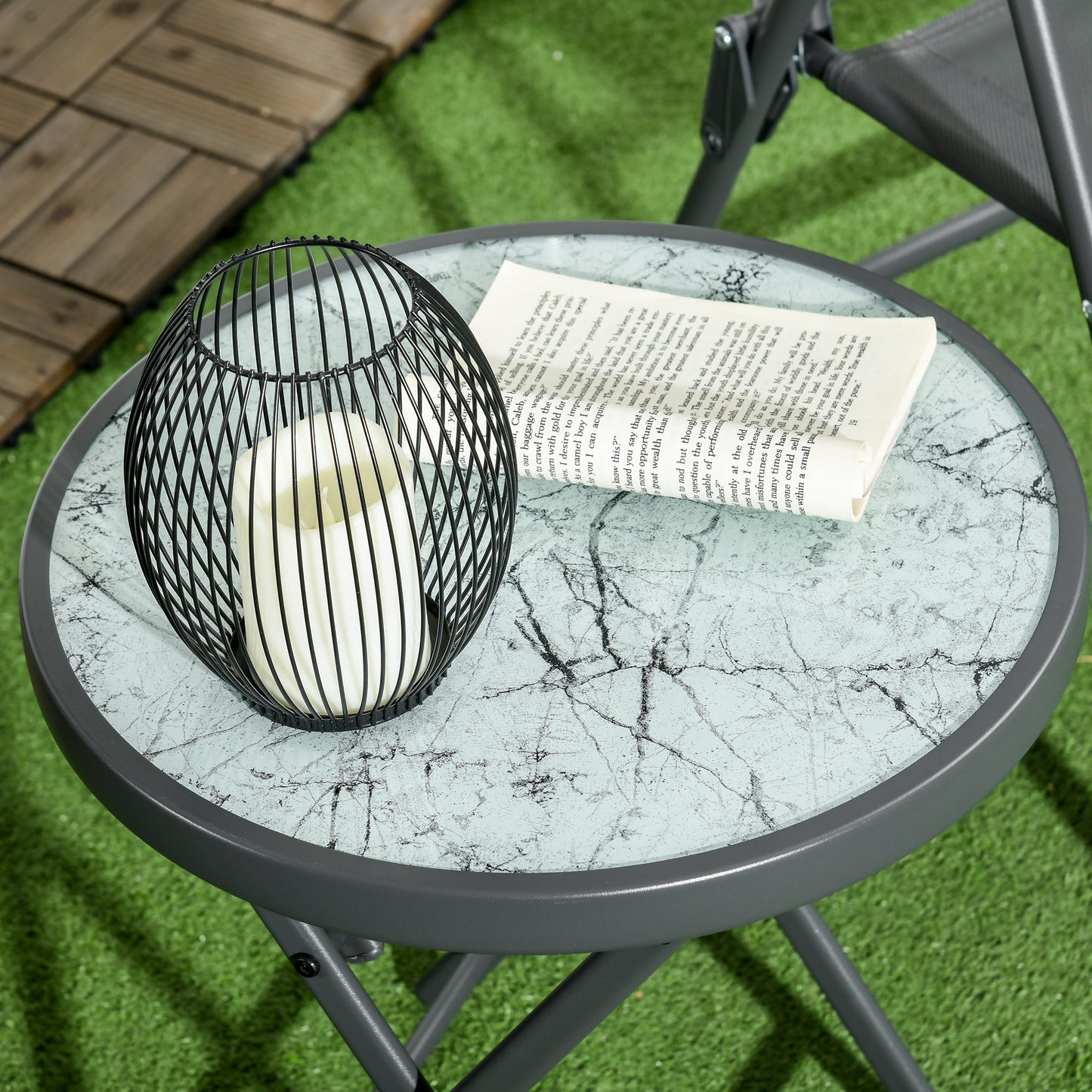 Lusafa Metal And Glass White Folding Outdoor Side Table 45cm With Marble Effect Top