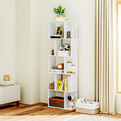 Matosu Wood White 5 Tier S ShaFauxd Freestanding Bookcase Display Unit