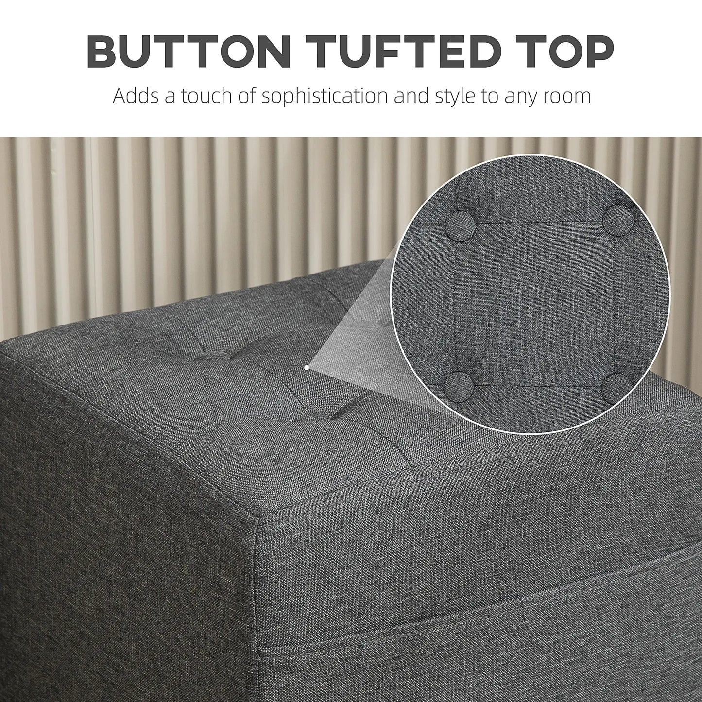 Linen Grey Compact Square Footstool With Side Pocket And Black Wooden Legs