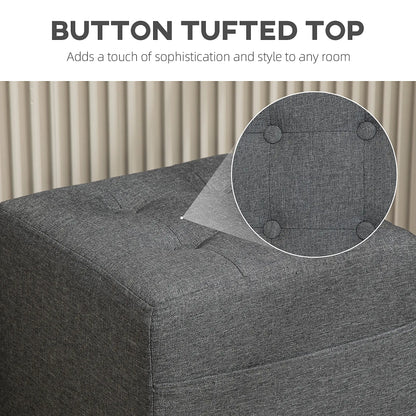 Linen Grey Compact Square Footstool With Side Pocket And Black Wooden Legs