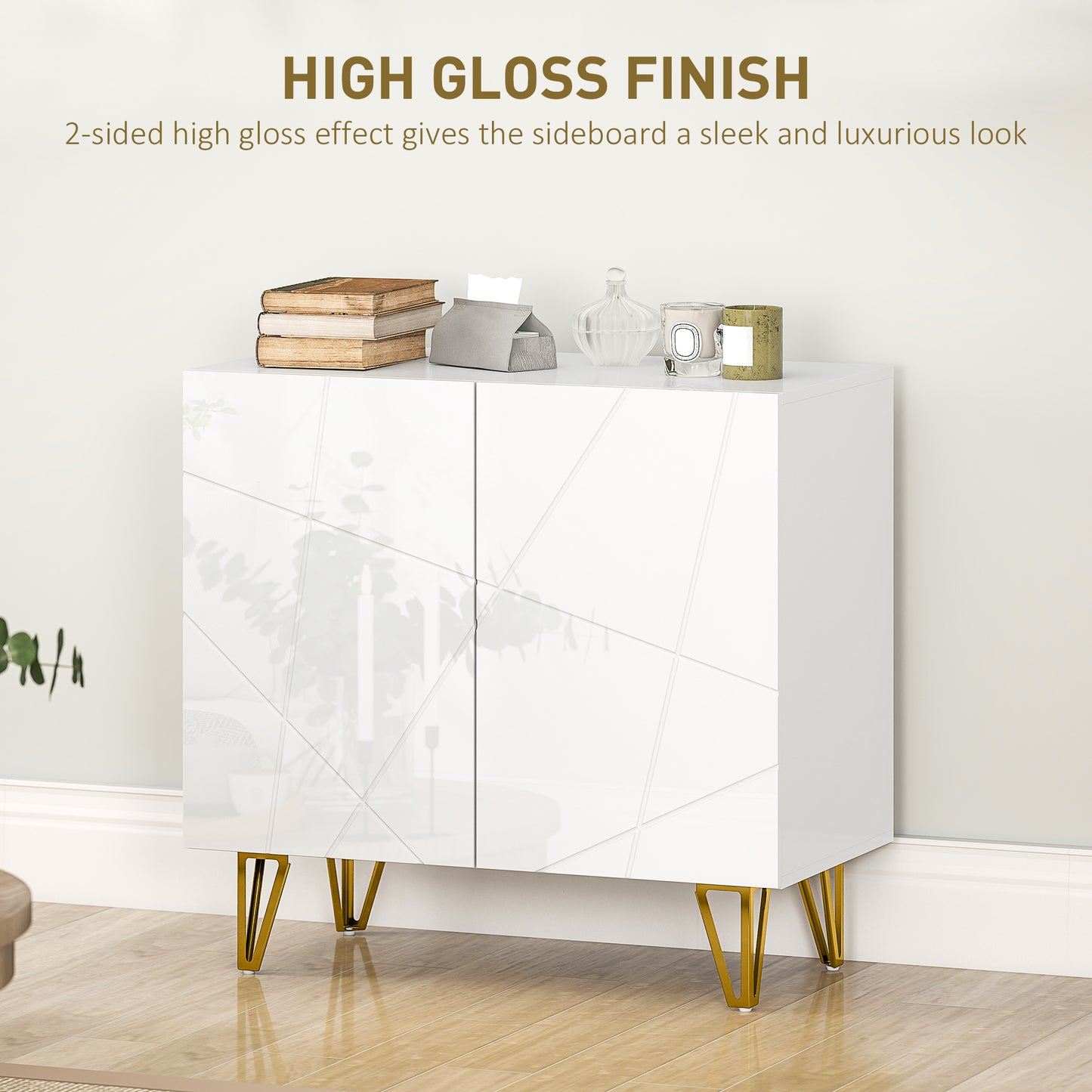 Diro High Gloss White Geometric Pattern Sideboard With Gold Hairpin Legs