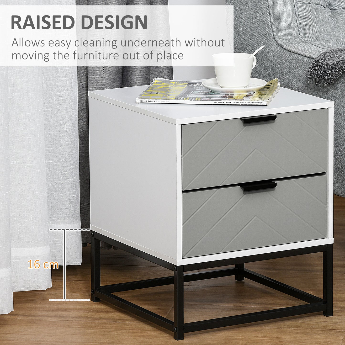Fael White and Grey Chevron Wood Bedside Storage Cabinet With 2 Drawers