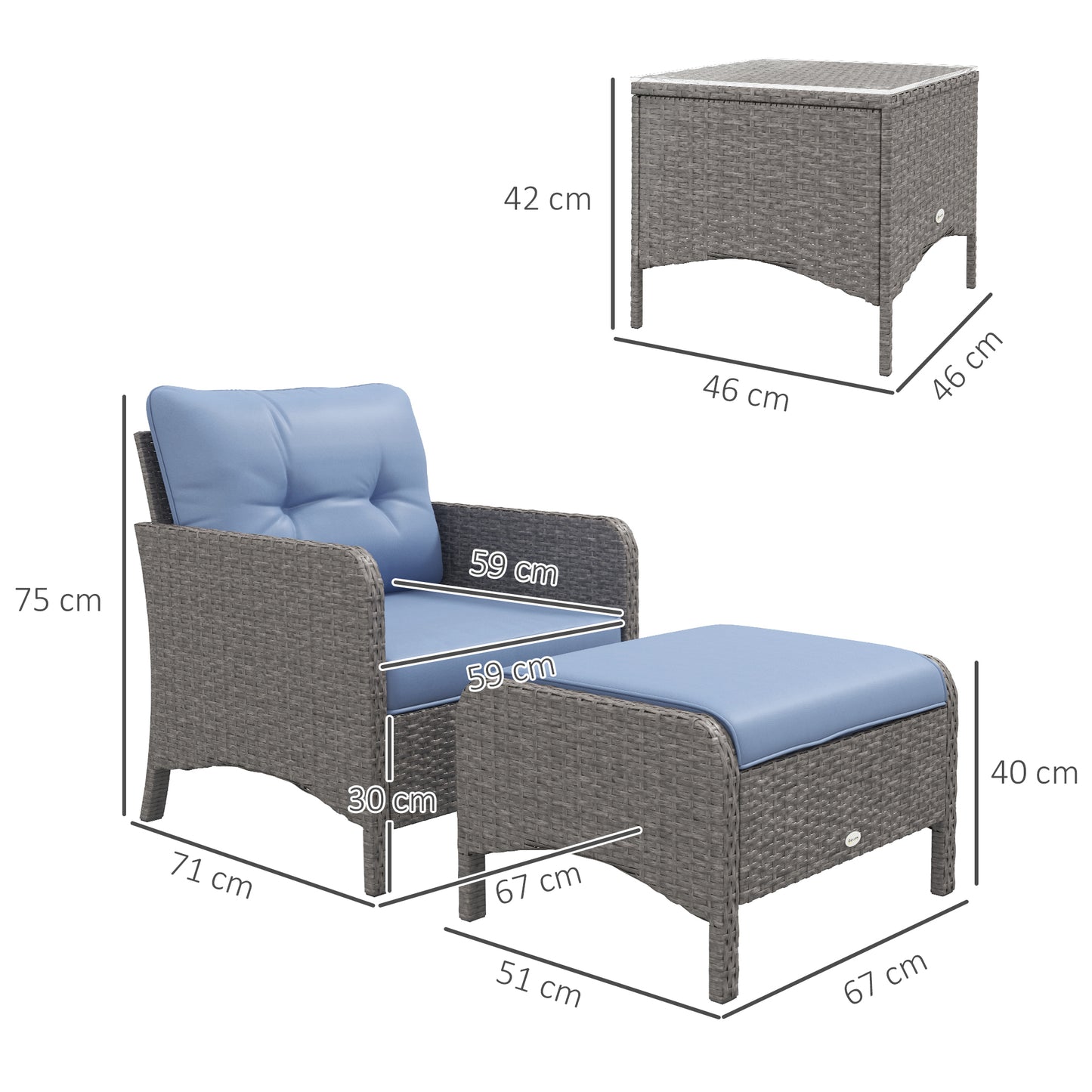 Notori Faux Rattan Blue 5 Piece Garden Bistro Set With 2 Armchairs Stools And Glass Table