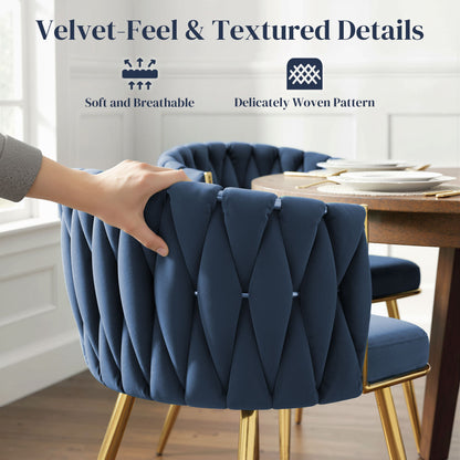 Sosura Set Of 2 Dark Blue Velvet Upholstered Dining Chairs With Woven Back And Arms