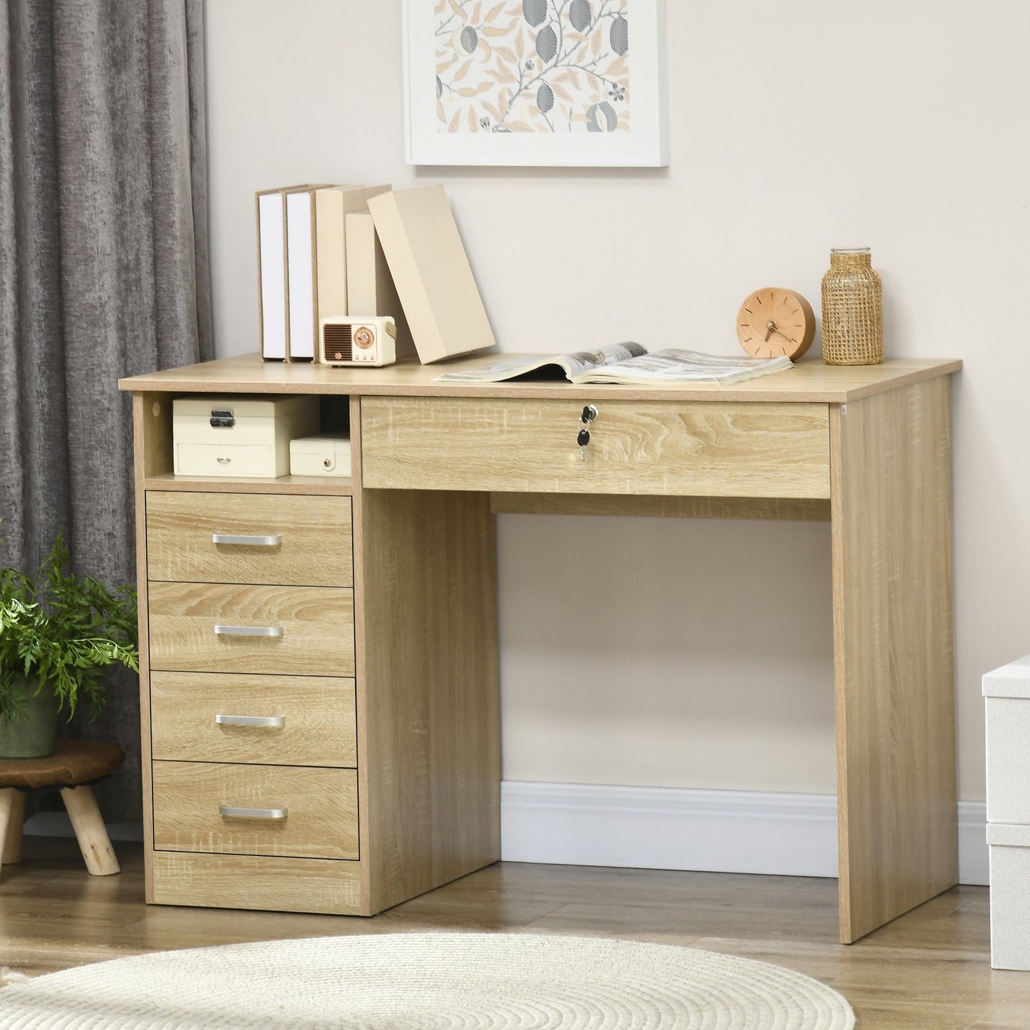 Yodino 110cm Oak Finish Home Office Desk With 5 Drawers And Side Shelving